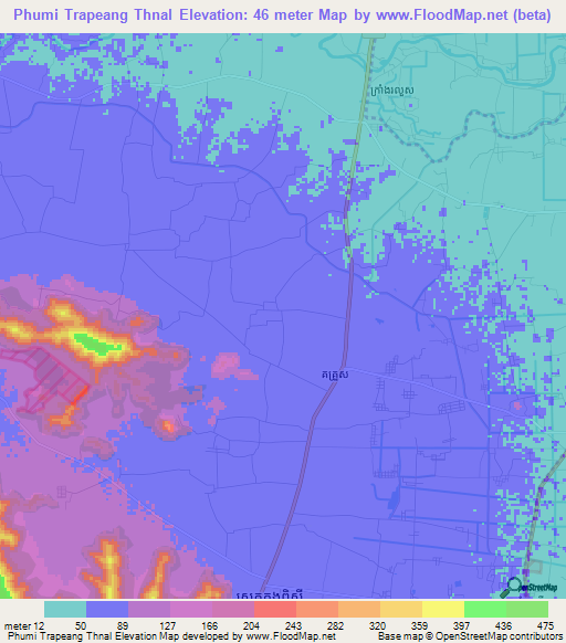 Phumi Trapeang Thnal,Cambodia Elevation Map