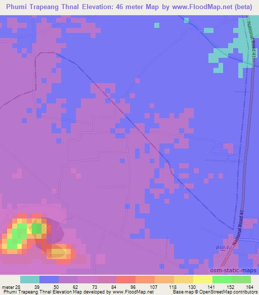 Phumi Trapeang Thnal,Cambodia Elevation Map