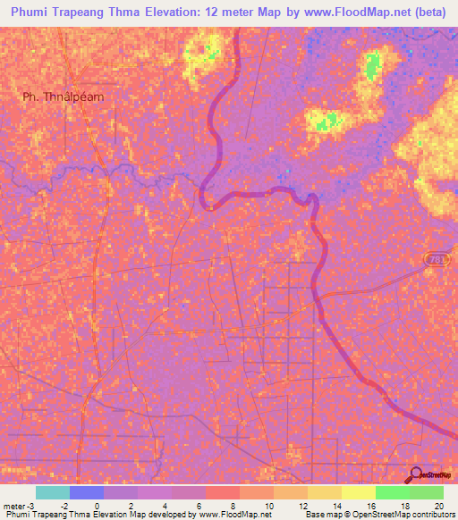 Phumi Trapeang Thma,Cambodia Elevation Map