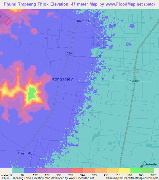 Phumi Trapeang Thlok,Cambodia Elevation Map