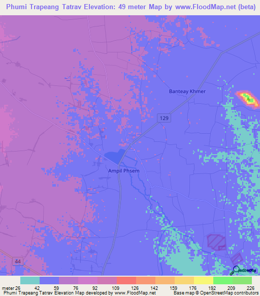 Phumi Trapeang Tatrav,Cambodia Elevation Map