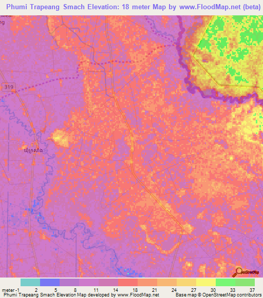 Phumi Trapeang Smach,Cambodia Elevation Map