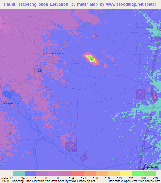 Phumi Trapeang Skon,Cambodia Elevation Map