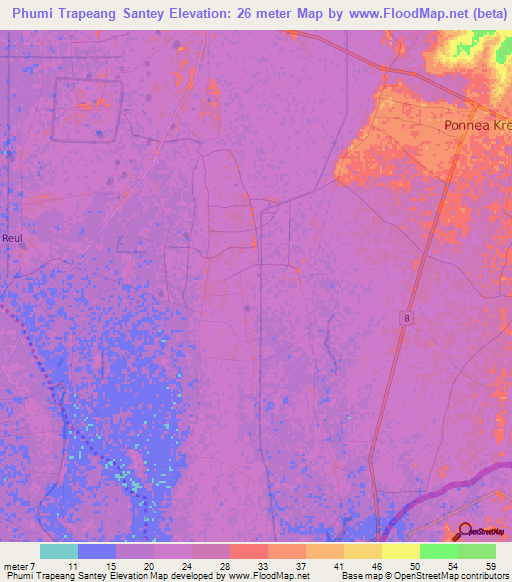 Phumi Trapeang Santey,Cambodia Elevation Map