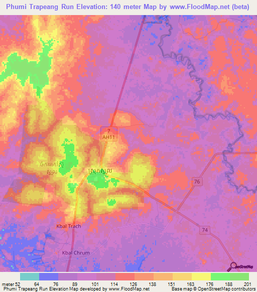 Phumi Trapeang Run,Cambodia Elevation Map
