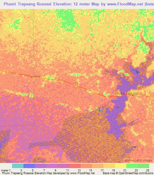 Phumi Trapeang Roessei,Cambodia Elevation Map