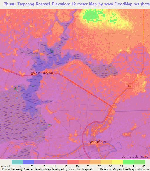 Phumi Trapeang Roessei,Cambodia Elevation Map
