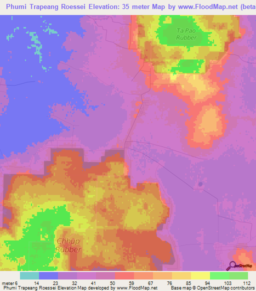 Phumi Trapeang Roessei,Cambodia Elevation Map