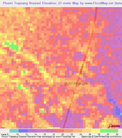 Phumi Trapeang Roessei,Cambodia Elevation Map