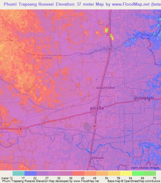 Phumi Trapeang Roessei,Cambodia Elevation Map