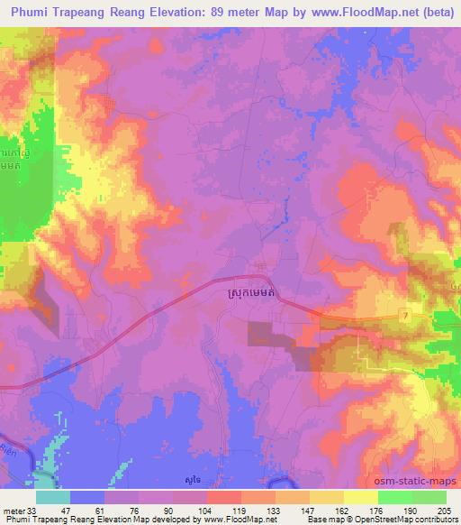 Phumi Trapeang Reang,Cambodia Elevation Map