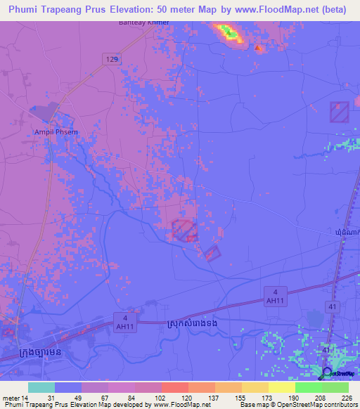 Phumi Trapeang Prus,Cambodia Elevation Map