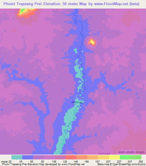 Phumi Trapeang Prei,Cambodia Elevation Map