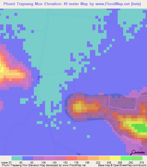 Phumi Trapeang Mon,Cambodia Elevation Map