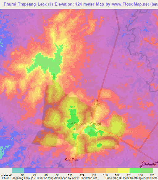 Phumi Trapeang Leak (1),Cambodia Elevation Map