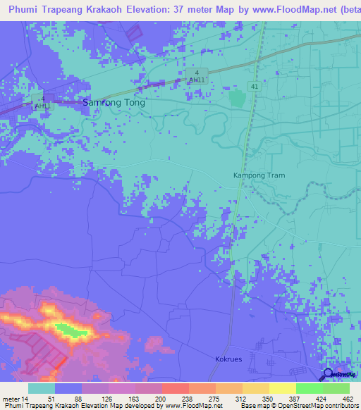 Phumi Trapeang Krakaoh,Cambodia Elevation Map