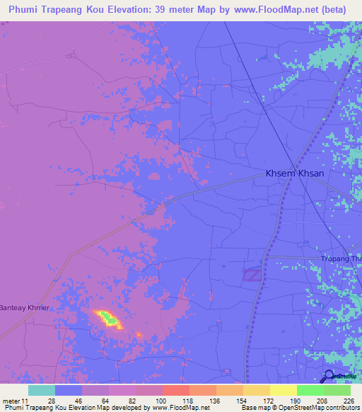 Phumi Trapeang Kou,Cambodia Elevation Map