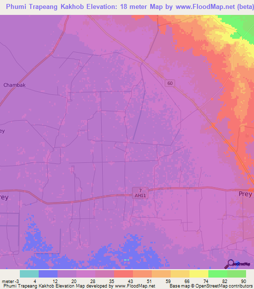 Phumi Trapeang Kakhob,Cambodia Elevation Map