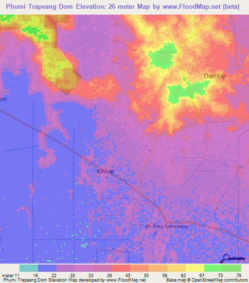 Phumi Trapeang Dom,Cambodia Elevation Map