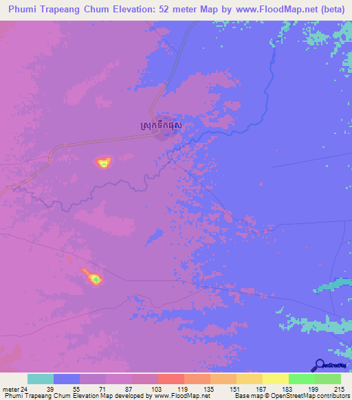 Phumi Trapeang Chum,Cambodia Elevation Map