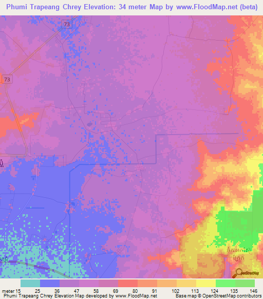 Phumi Trapeang Chrey,Cambodia Elevation Map