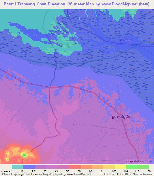 Phumi Trapeang Chan,Cambodia Elevation Map