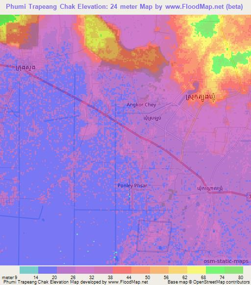 Phumi Trapeang Chak,Cambodia Elevation Map