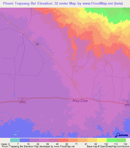Phumi Trapeang Bei,Cambodia Elevation Map