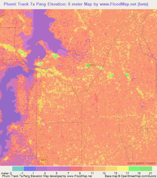Phumi Traok Ta Pang,Cambodia Elevation Map