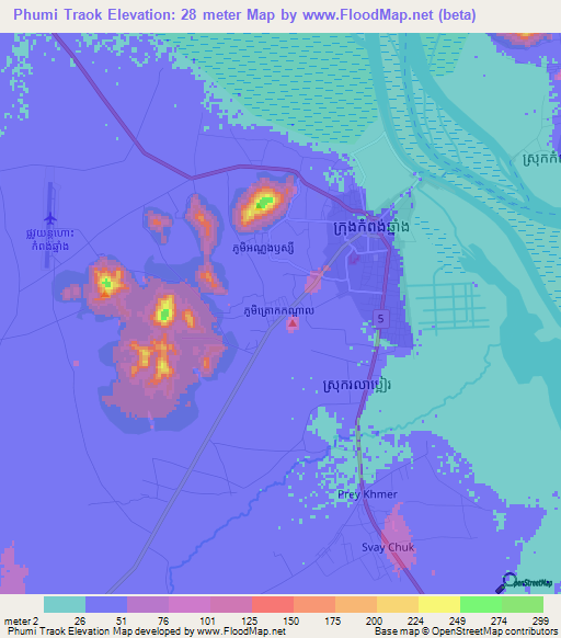 Phumi Traok,Cambodia Elevation Map