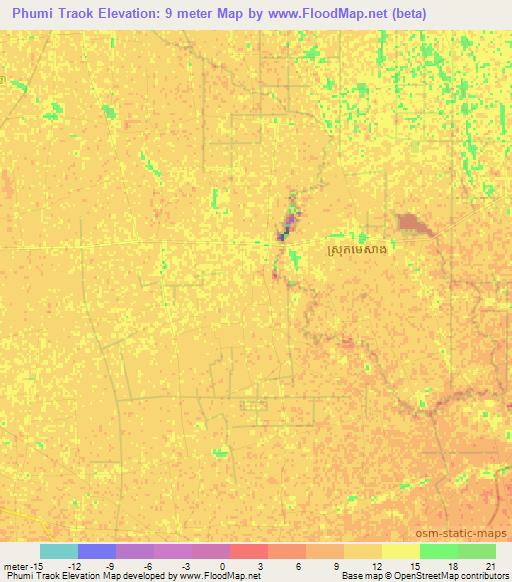 Phumi Traok,Cambodia Elevation Map