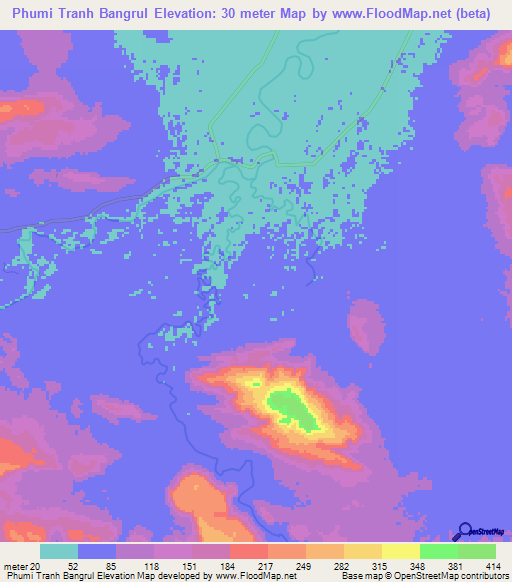 Phumi Tranh Bangrul,Cambodia Elevation Map