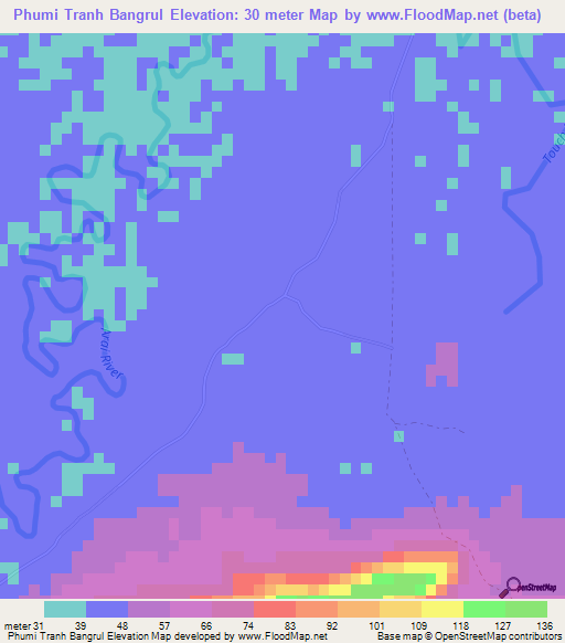 Phumi Tranh Bangrul,Cambodia Elevation Map