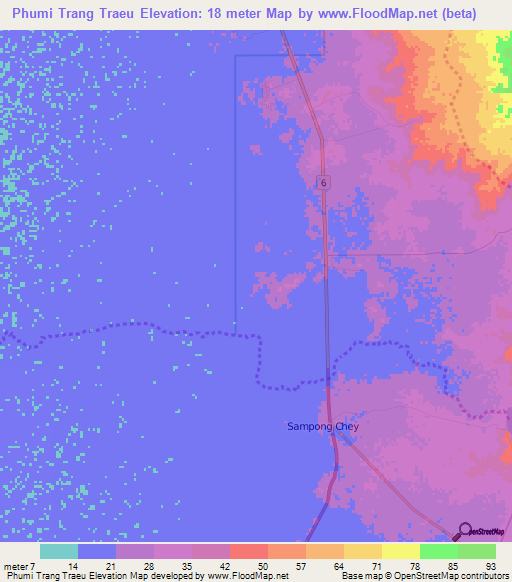 Phumi Trang Traeu,Cambodia Elevation Map