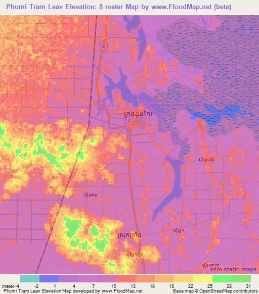 Phumi Tram Leav,Cambodia Elevation Map