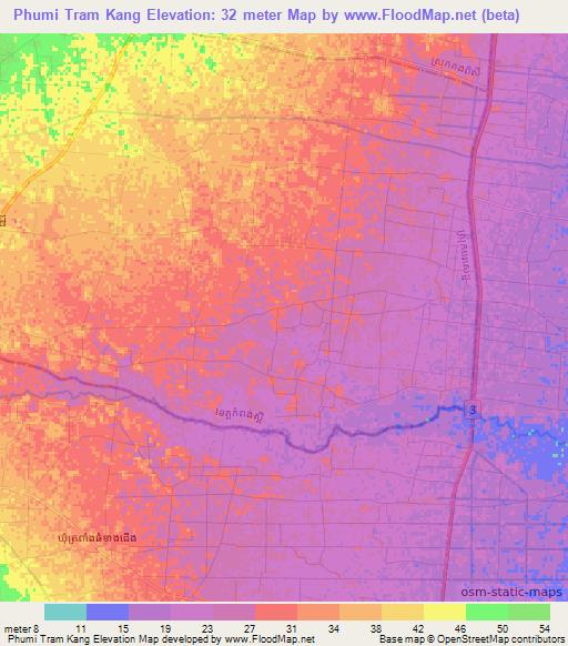 Phumi Tram Kang,Cambodia Elevation Map