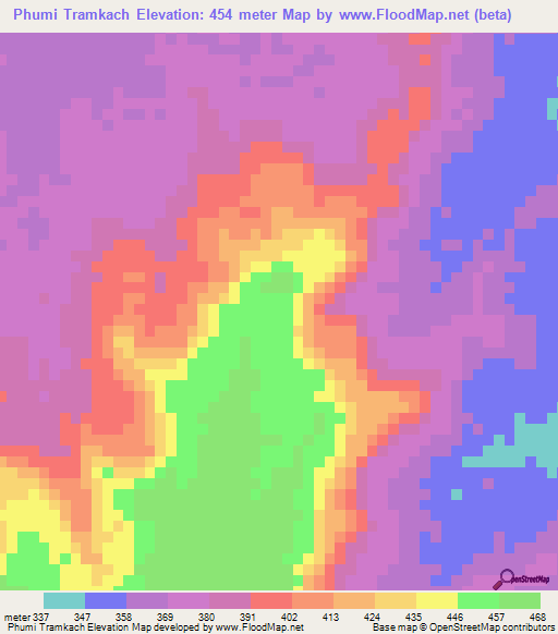 Phumi Tramkach,Cambodia Elevation Map