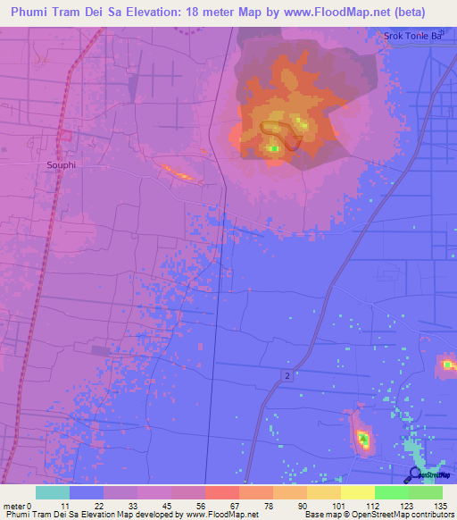 Phumi Tram Dei Sa,Cambodia Elevation Map