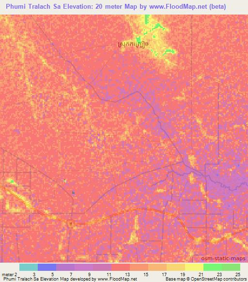 Phumi Tralach Sa,Cambodia Elevation Map