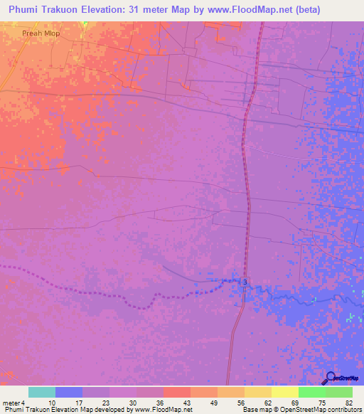 Phumi Trakuon,Cambodia Elevation Map