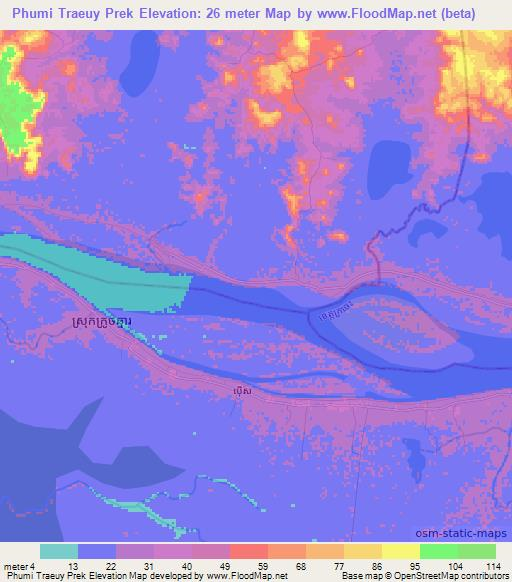Phumi Traeuy Prek,Cambodia Elevation Map