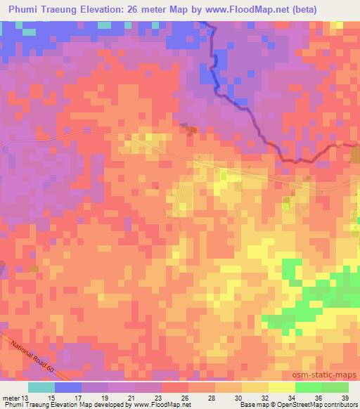Phumi Traeung,Cambodia Elevation Map