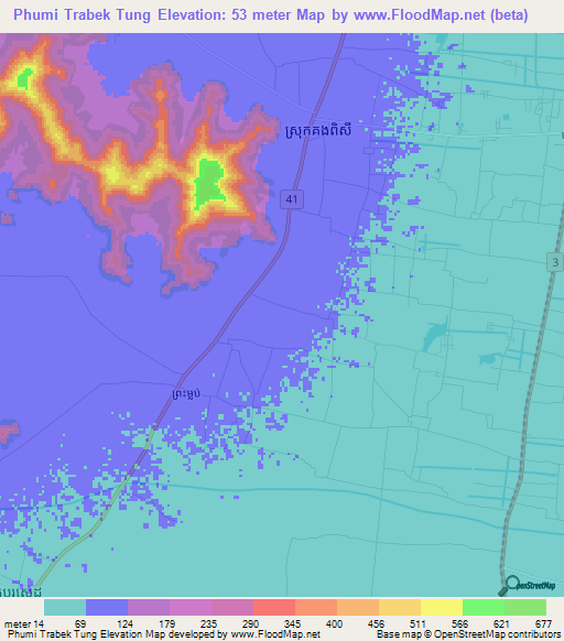 Phumi Trabek Tung,Cambodia Elevation Map