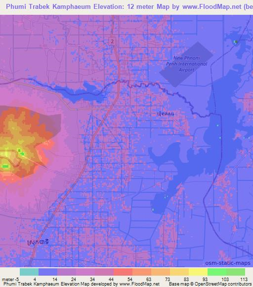 Phumi Trabek Kamphaeum,Cambodia Elevation Map