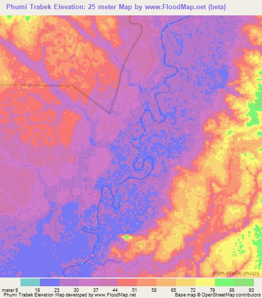 Phumi Trabek,Cambodia Elevation Map