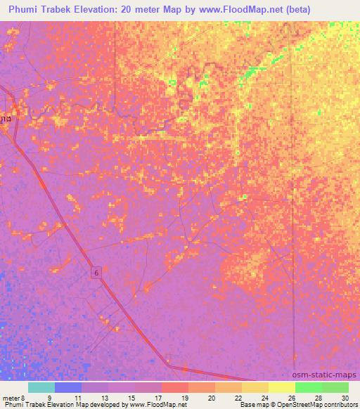 Phumi Trabek,Cambodia Elevation Map