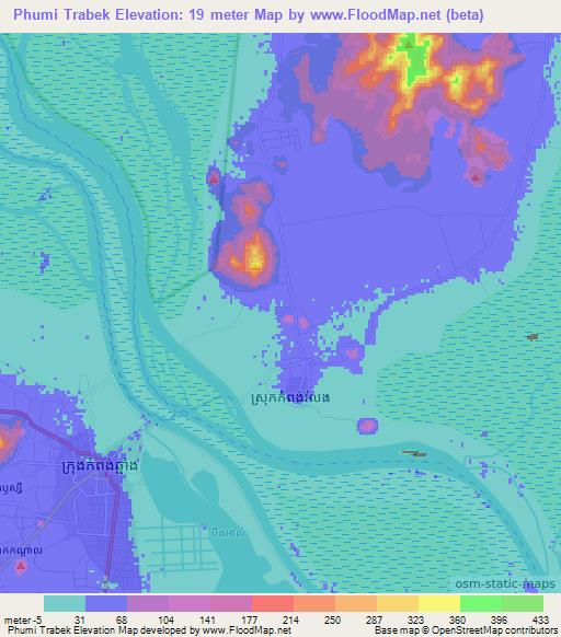 Phumi Trabek,Cambodia Elevation Map