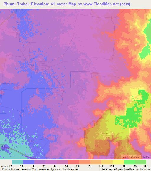 Phumi Trabek,Cambodia Elevation Map