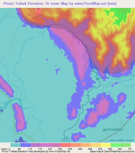 Phumi Trabek,Cambodia Elevation Map
