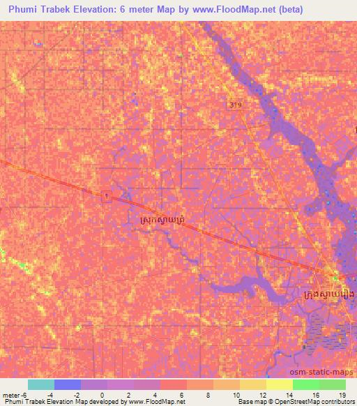 Phumi Trabek,Cambodia Elevation Map